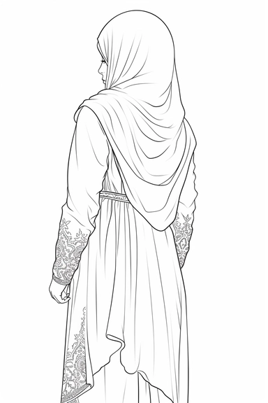 coloring page of a Hijabi woman back full body view clipart illustration, no face is seeing, muslim lady clipart, veiled woman clipart, floral lady hijab clipart , coloring book page for teens, no text, clean and simple line art