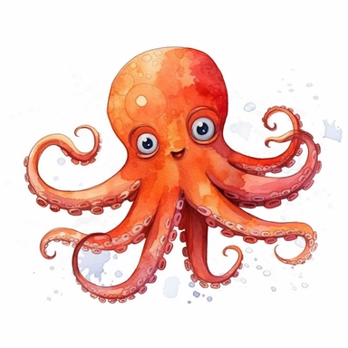 octopus, cartoon style, for childrens book, watercolour, outlined, thin lines, white background, vector art, clipart