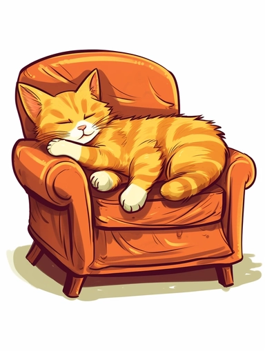 happy cat asleep in the couch, cartoon style clipart