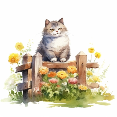 chubby cat on fence a few flowers watercolour clipart ~~ar 9:8