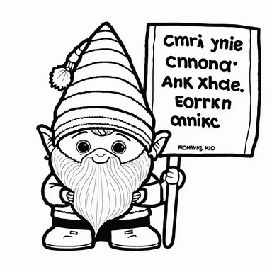 gnome holding a sign that says karma comes after everyone eventually, cute gnome, coloring page, vector, no shade, clean line art, bold thick lines, color page style, black outline only, outline, no shading, black and white, no background, white background only, clipart, ar 4:5