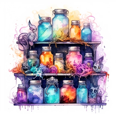 Witches PotionShelf Watercolor dreamy Clipart, pastel-core purple turquoise blue orange red yellow Magical Mystical Art, Fantasy Clipart, Witchcraft Potion many details style of Demizu Posuka no people