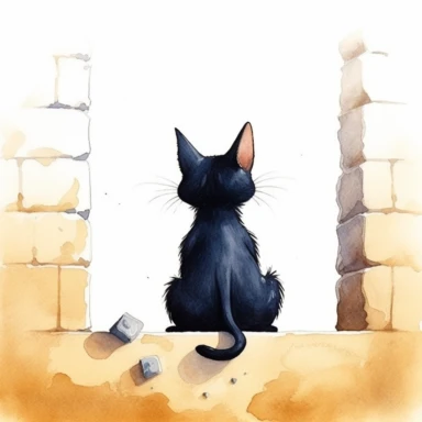 back high level view, cute black cat waiting before mouse whole in wall, illustration, white background, clipart, nursery illustration, illustration for children