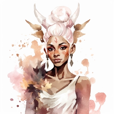 boho fantasy female elf african American clipart with pointy ears, beautiful, gold, white and, ash hair with beautiful glittery clothing in deep burgundy, white, rose gold , and splashy watercolour background