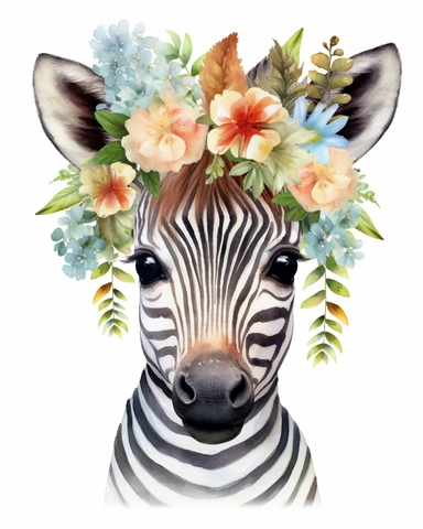 detailed watercolor Baby Zebra with flowers , hyper realistic, isolated on a white background, clipart