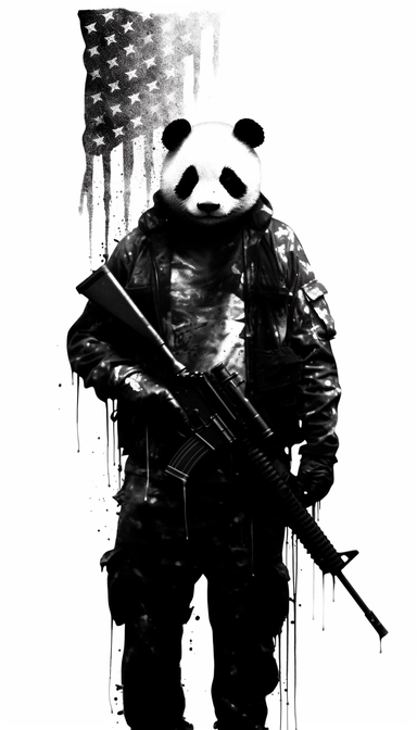 Panda dressed as a graffiti artist in combat clothes holding a gun black and white, silhouette of American flag background, minimalist clip art by Mr. Brainwash