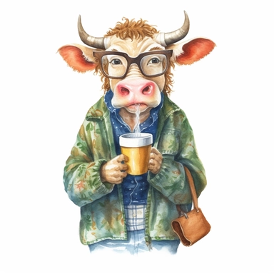 hand drawn cartoon cow wearing clothes, drinking coffee and wearing glasses, very detailed and realistic, watercolor, white background with margins, clipart style