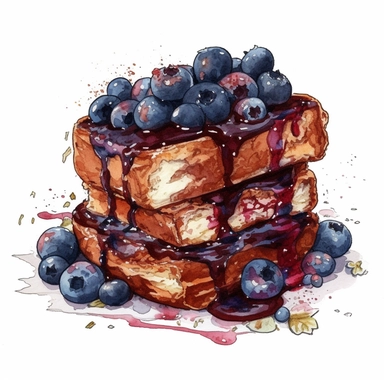 a watercolor blueberry Stuffed French Toast desserts clipart, hd, on white background, spaced out