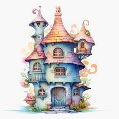 a whimsical watercolor summer fairyhouse, sublimation clipart,featuring cozy house, painted in soft pastel shades of blue, pink, green, and yellow, with intricate details such as flowers, vines, and shingled roofs, fine brushes, and various shades of pastel paint pigments, isolated on a white background,single object, print on demand image, PNG transparent background, white background for removing background - - no text shadow font watermark