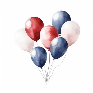 watercolor clipart illustration of balloons, red white and blue, hand painted details, clean and simple designs, solid background color, spaced out