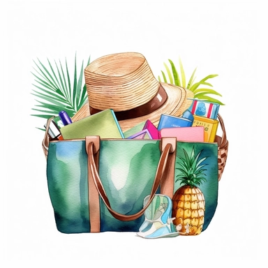 watercolor clipart of a stylish beach bag filled with essentials for a tropical getaway, brushstrokes, hd, white background q 2