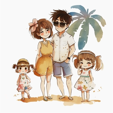 happy chibi family watercolor clipart, mother father sister brother, in the style of Makoto Shinkai, white background, summer beach