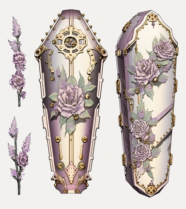 watercolor Gothic steampunk coffin decorated with floral and gears screenshot,clipart ,front view, super detailed, in the style of watercolor illustrations, intricate patterns and details, cybermysticsteampunk, black and light purple on white background , oil paintings, nightcore, decorative artistry, on white background, spaced out