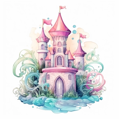 Pastel Cute Beautiful Fairy Castle of Mermaid Sublimation Clipart,Cartoon, hyper realistic, intricate detail, illustration style,high solution,on the white background