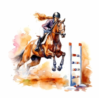 Takes horse jump lessons, highly detailed, watercolor, clipart, illustration, white background, digital painting, paper crafting, no signature, no text
