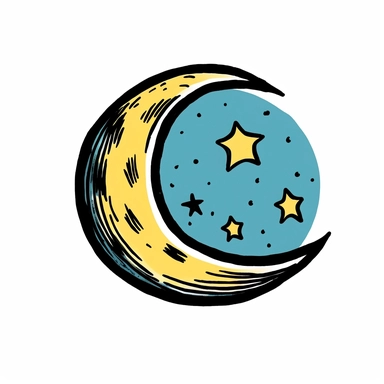 very simple yet funky clipart comic image of a 60s style quarter moon on a white background