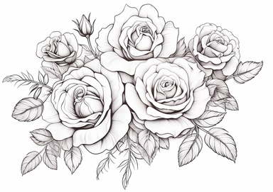 b&w lineart, white background, picture, coloring book style, only draw outlines, clean coloring book page, No dither, no gradient, strong outline, No fill, No solid, Roses Floral Bouquets clipart