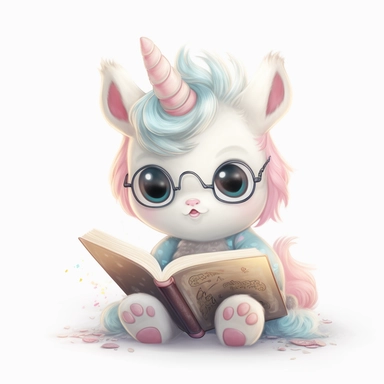 Baby cartoon Unicorn studying for school, highly detailed, anime, adorable, pastel,clipart