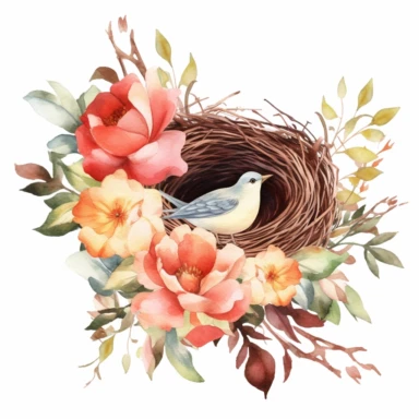 Watercolor floral Bird Nest Clipart, white background