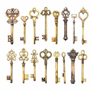 assorted gold keys inspired by Harry Potter watercolor illustration, design elements isolated on white background, vintage clip art - Image #4 <@1098423716465102849> - <@1098423716465102849> (31%) (relaxed)