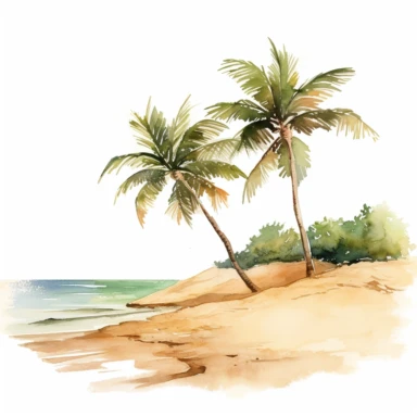 clipart, white background, watercolour, 2d illustration, no shadow, Sandy beach with Palm trees