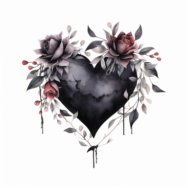 watercolor A clip art image featuring black heart with gothic roses isolated white background, minimalist, 8K