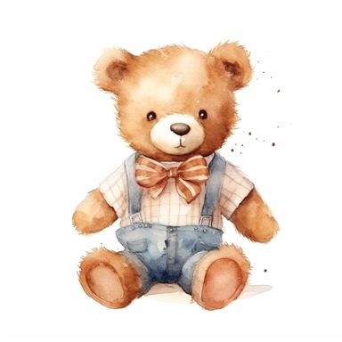 draw charming watercolor illustrations of a teddy bear wearing a shirt, the same character in different situations sitingn watercolor, single object, watercolor illustration, cartoon clipart, white background for removing background