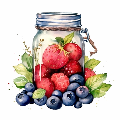 mason jar, berries, watercolor, clipart
