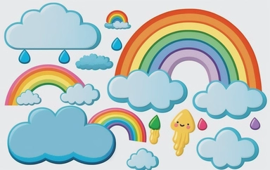 colorful rainbow and clouds clipart free, rainbow png, in the style of light sky-blue and black, patricia piccinini, elongated shapes, elsa beskow, liam gillick, spiritual symbolism, joyful and optimistic