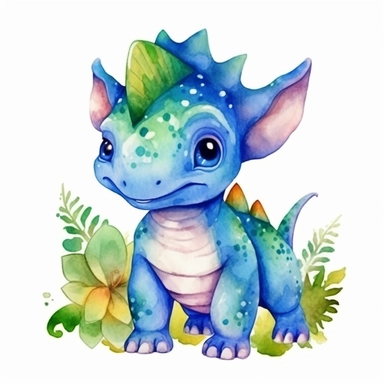 watercolored clipart with triceratops, funny and friendly, goofy, silly and playful dinosaur, colored, white background