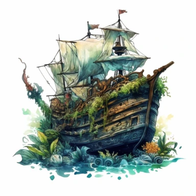 Horror style overrealistic mystical submerged pirate ship covered mosses and seashells bottom of the sea with watercolor effect, dark blue water, dark green mosses, deep water, sea plants, coral and mussel, , random fishes, undersea details, suitable for digital clipart, white background