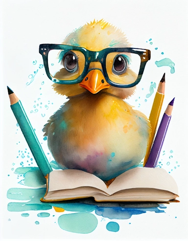 detailed watercolor kawaii duck with eyeglasses writing on a paper, facing front, isolated on a white background, clipart