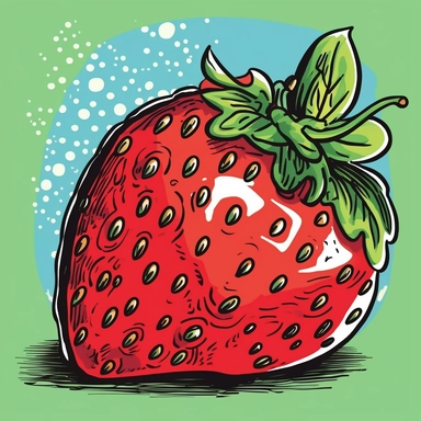 a strawberry in a clipart style illustration, in the style of gary panter, delicate markings, simplified colors, bold, cartoonish lines, hatching, complementary colors, illustration
