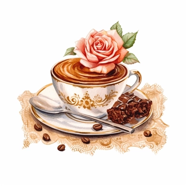 vintage hot cappuccino plan heart, little cake and chocolate sticks,one rose digital clipart on white background