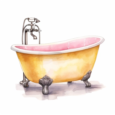 basic watercolor pink vintage tub with yellow accent in minimal hand drawn style, Etsy, textured, clipart, white background