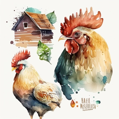 watercolor chicken clipart, digital art, chicken clip art, chicken and rooster, chicken wooden house, high quality, bright colors, chicken head, chicken half body, watercolour chicken art, chicken wooden house