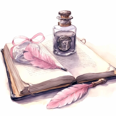 watercolor, hyper realistic, white background, white margins, 16k, ultra detailed clipart, cut out image, hand-drawn, whimsical manhwa style, ultra HD, sharp and clean art A quill pen with a heart-shaped tip dipping into a bottle of ink, next to a book with a delicate lace bookmark, set against a background of pale pink and soft beige.