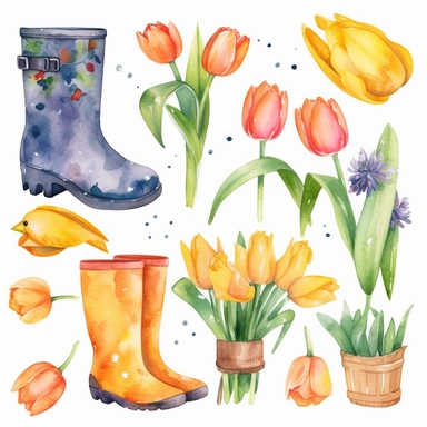 Watercolor Spring Clipart, Spring Clip Art, Flowers, Spring, Rainboot, Bird, Umbrella, Bicycle, Gardening, Tulips, Watercolour Clip Art