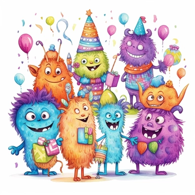 Cute monsters on birthday party clipart for childish cards and books, colorful, illustration style, on white background, detailed, hd