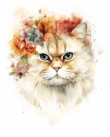 Watercolor Painting of Persian cat head on white background good anatomy, DETAILED ILLUSTRATION, Flora Design Patterns, Flemish Baroque by Rachel Ruysch, Behance, Rococo, Intricate Detailed, Soft Light Effect, Oil Paint Strokes, Light Academia Aesthetic Flowers, Lighting cinematic, all shown shimmering stamens, tyndall light, texture, colorful, 8k, fantasy, ray tracing, vivid, spectacular lighting, octane rendering, highly detailed, ultra - realistic, white background, clipart