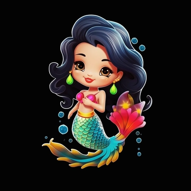 cute cartoon asian colourful mermaid clipart, black background,--no cut off edges