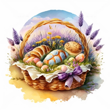 A beautifull basket full of Easter buns and eggs lying on the grass,daisies and lavenders,burning candles, a sunny day, a lively and coloured landscape, watercolour effect, Suitable for Digital Clipart , White Background, fantastic scene , Kids storybook style, detailed , ultra realistic , in a flowering circle frame