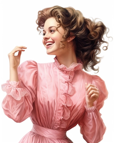 detailed smiling beautiful lady , dressed in a pink victorian vintage dress fixing hair, hyper realistic, 8k, isolated on white backgorund, clipart