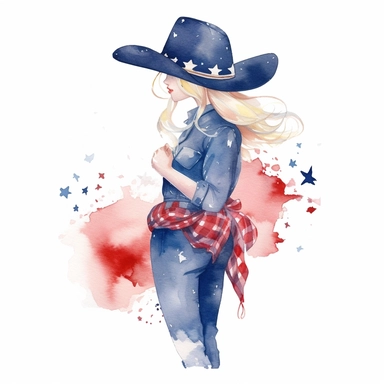 watercolour usa patriotic cowboy girl clipart, hd, on white background, spaced out ar 3:2 s 1000