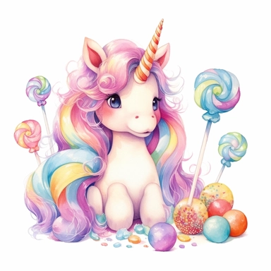 Watercolor clipart, Cute baby Unicorn, Lush, long, rainbow-colored mane and tail, Magic Candy color, Magic unicorn watercolor graphics, party candy supplies in background, White Background, high solution