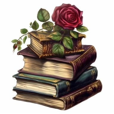 Clipart, vintage books with rose, hyper detailed, hyper realistic, marsh green/dark red, victorian era, watercolor, fantasy, amazing colour compilation, romantic colors, victorian style, white background,