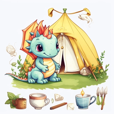 Super Cute fantasy baby Camping dragon clipart, white background