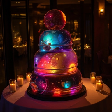 Interactive cosmic love cake, 5-tier, spherical design, each tier representing a celestial body in the couple's unique solar system, hand-painted with edible luminescent colors, creating an ethereal glow in dim lighting, a motorized, food-safe mechanism enabling the tiers to rotate slowly, decorated with sugar constellations depicting the couple's love story, an embedded touchscreen interface allowing guests to explore the cake's design, and a built-in, synchronized light and sound show that act