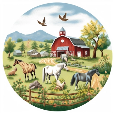farm scene ponies, horses, clipart