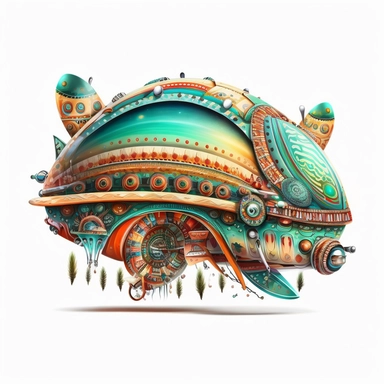Illustration in boho style, clipart, sublimation painting Unusual alien spaceship. Bright colorful colors. White empty background, high quality 8k, quality detail